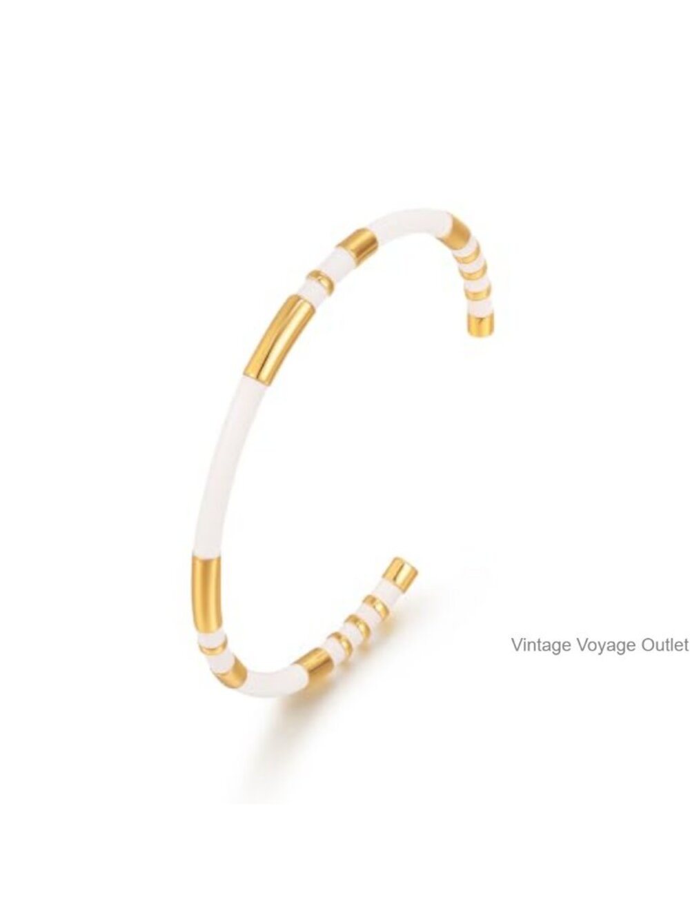 14K Gold Plated White Enamel Open Cuff Bracelet Adjustable
